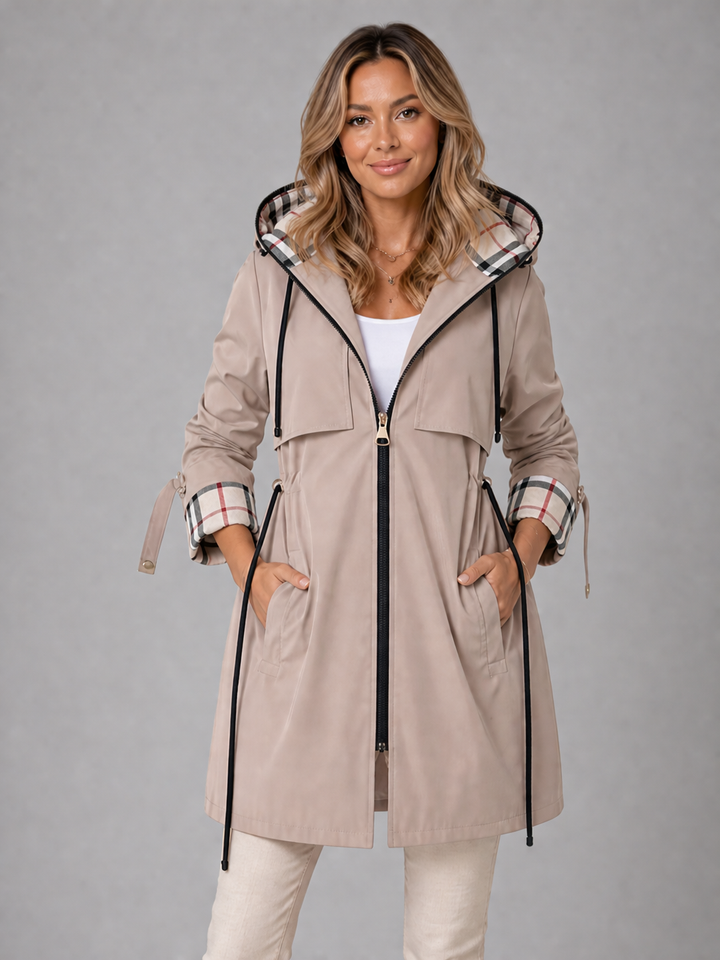 Women’s Hooded Long Jacket – Adjustable Waist Zip Coat