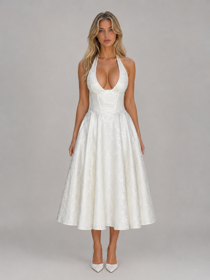 Women's Jacquard Halter Midi Dress - Full Skirt Occasion Style