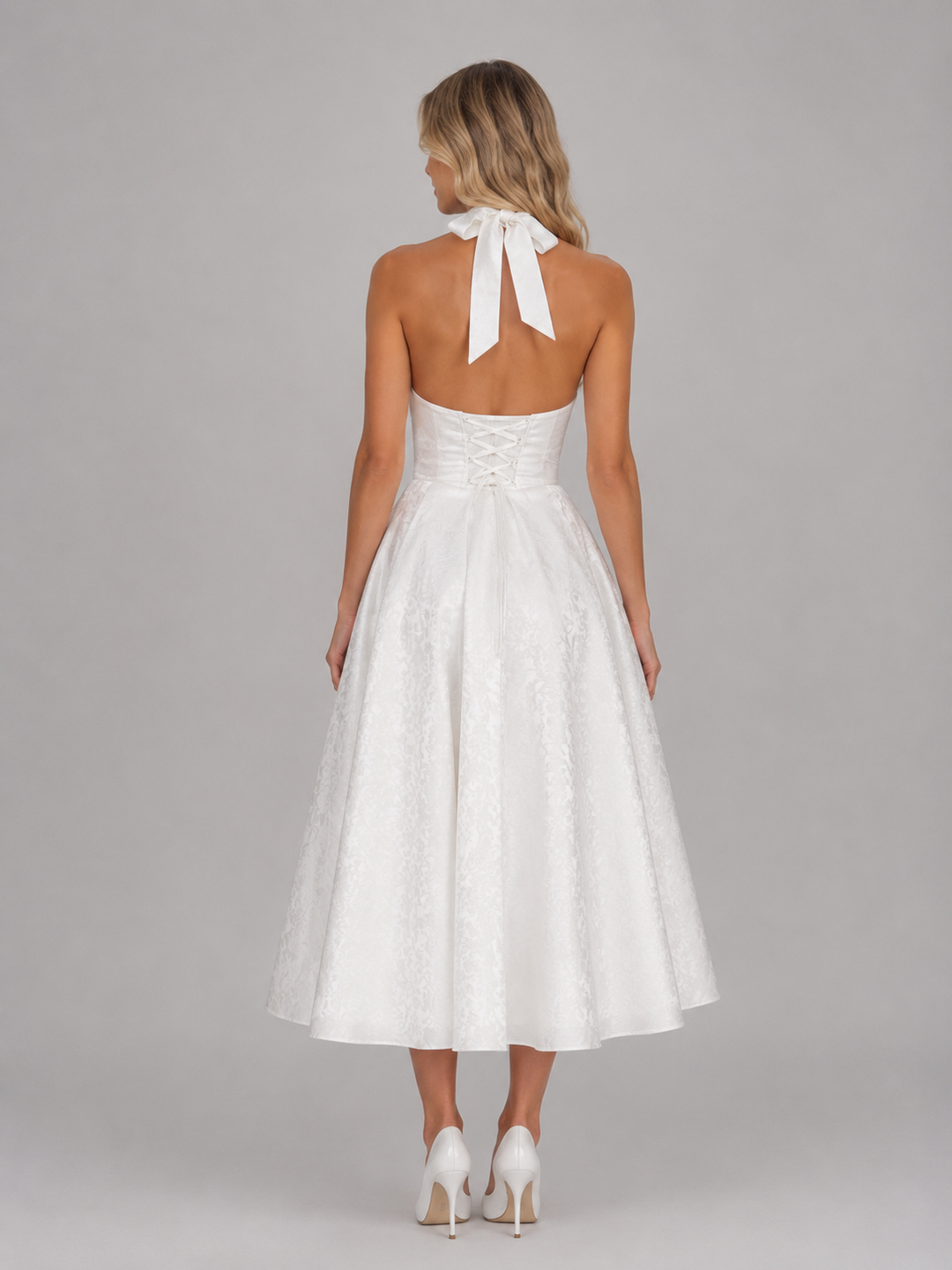 Women's Jacquard Halter Midi Dress – Full Skirt Occasion Style