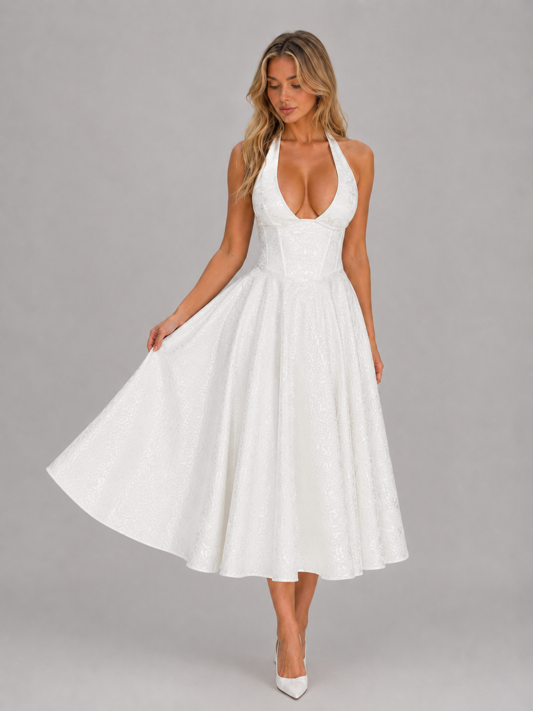 Women's Jacquard Halter Midi Dress – Full Skirt Occasion Style