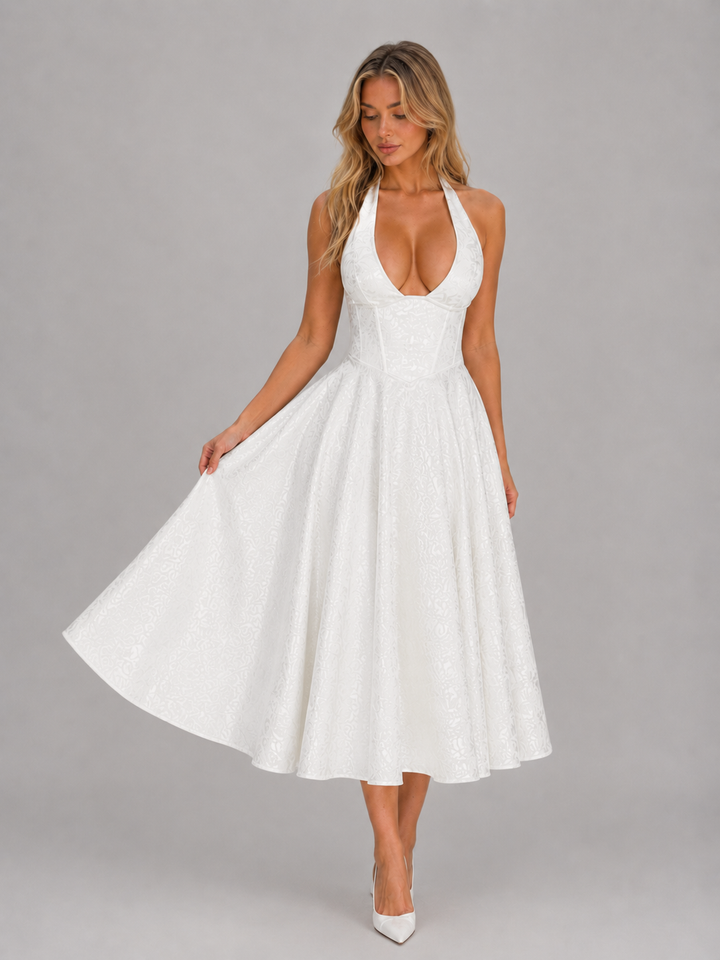 Women's Jacquard Halter Midi Dress – Full Skirt Occasion Style