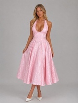 Women's Jacquard Halter Midi Dress – Full Skirt Occasion Style