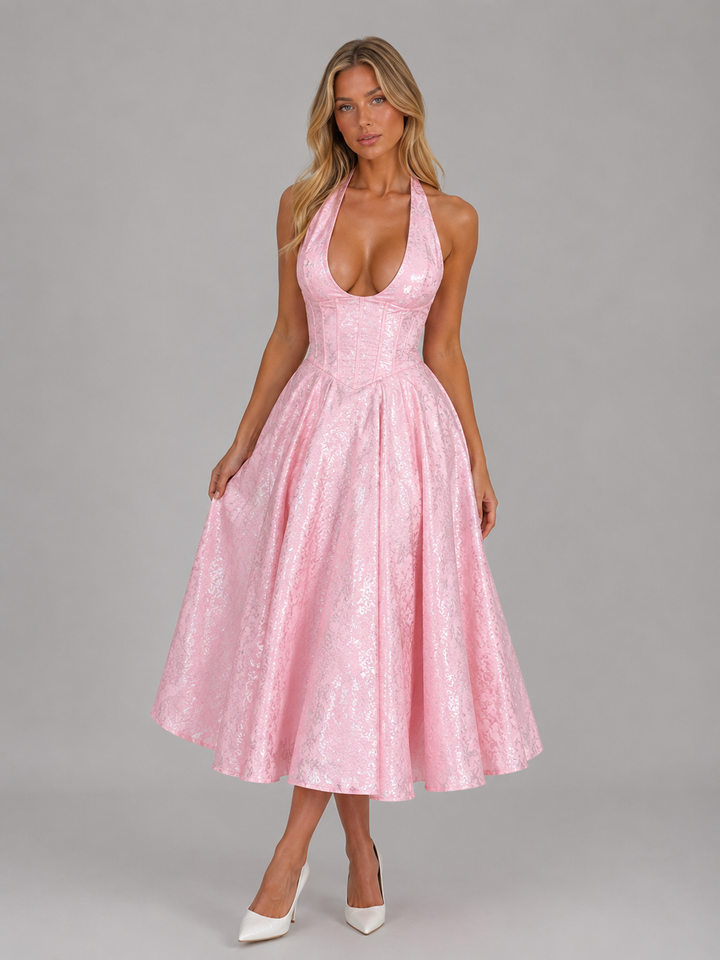 Women's Jacquard Halter Midi Dress – Full Skirt Occasion Style