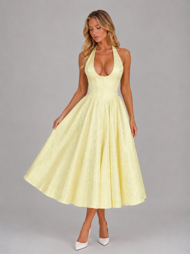 Women's Jacquard Halter Midi Dress – Full Skirt Occasion Style