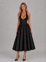Women's Jacquard Halter Midi Dress – Full Skirt Occasion Style