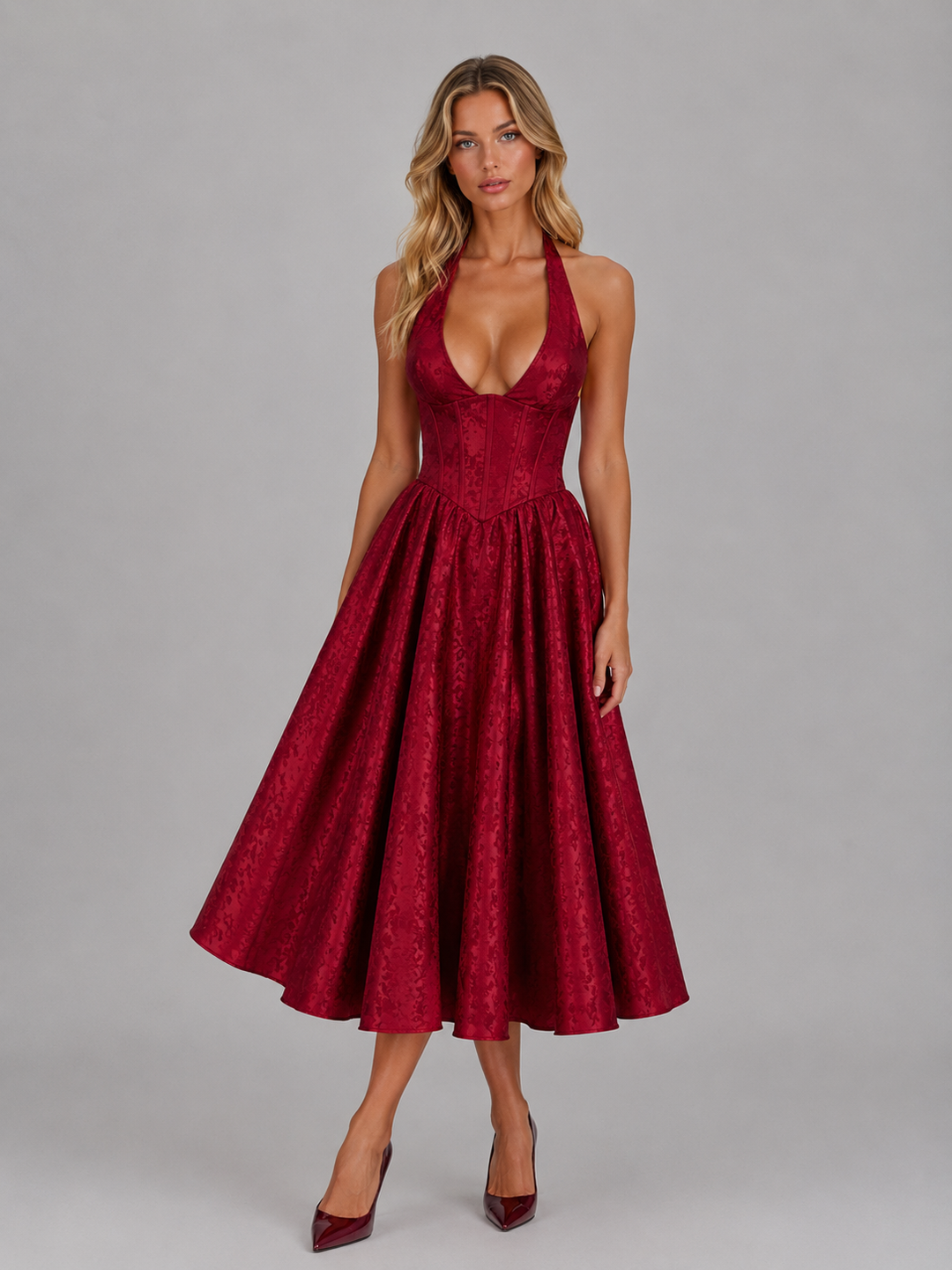 Women's Jacquard Halter Midi Dress – Full Skirt Occasion Style