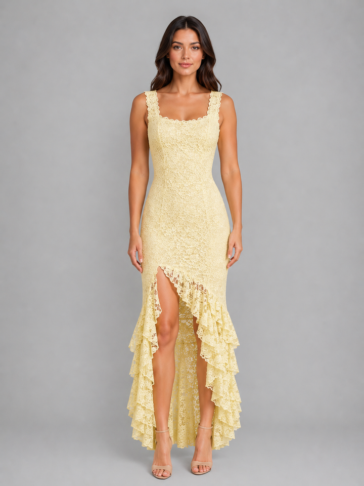 Women's Lace Ruffle Hem Maxi Dress – High Split Style