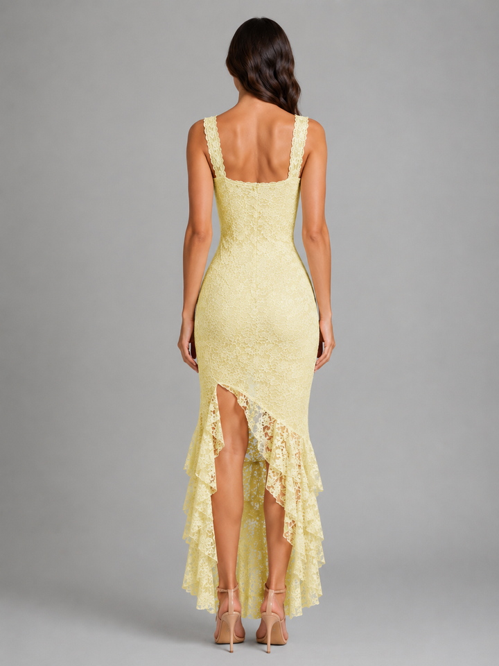 Women's Lace Ruffle Hem Maxi Dress – High Split Style