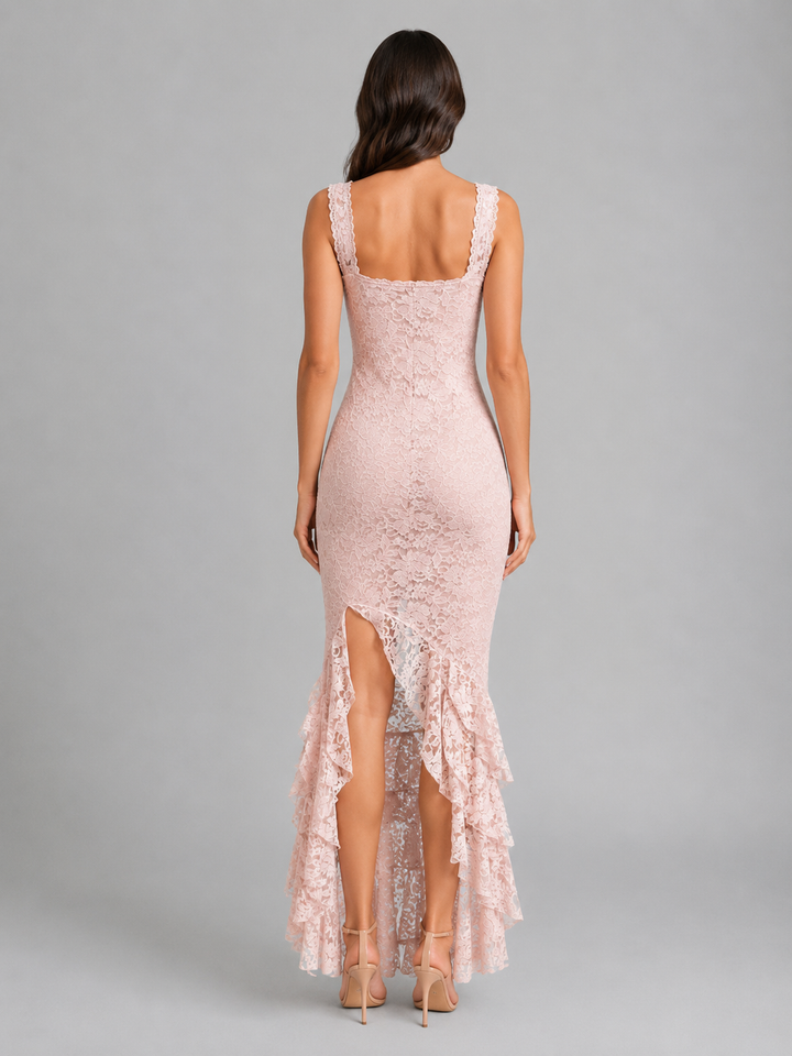 Women's Lace Ruffle Hem Maxi Dress – High Split Style
