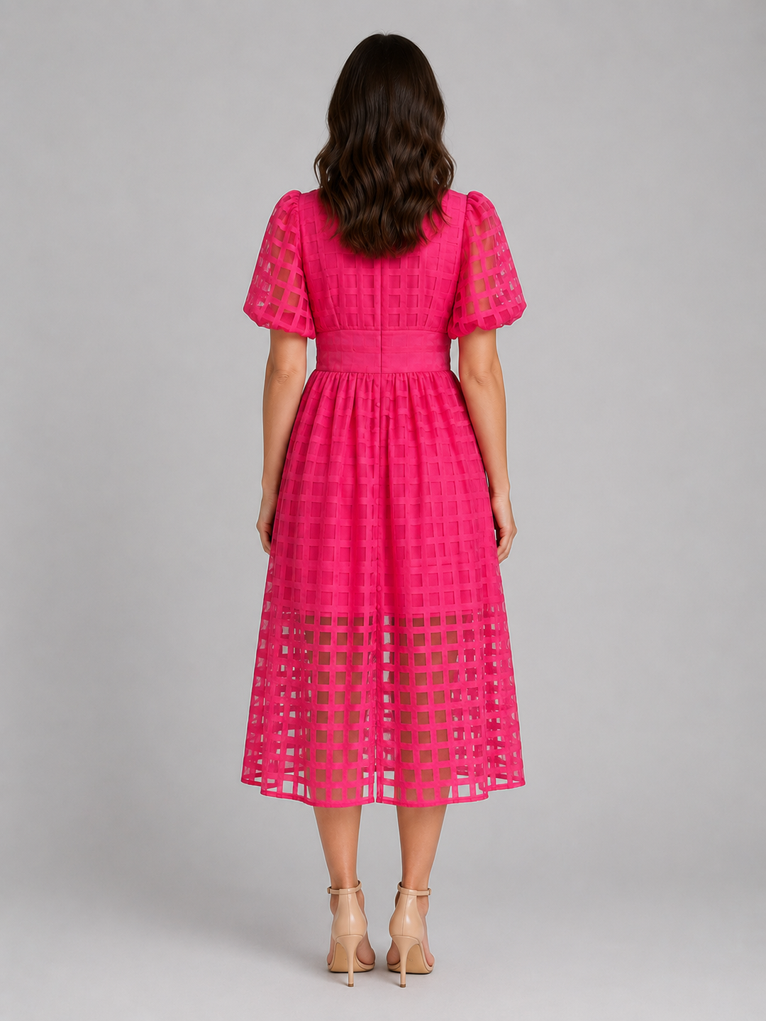 Women's Lattice Detail Puff Sleeve Midi Dress – Summer Occasion Style