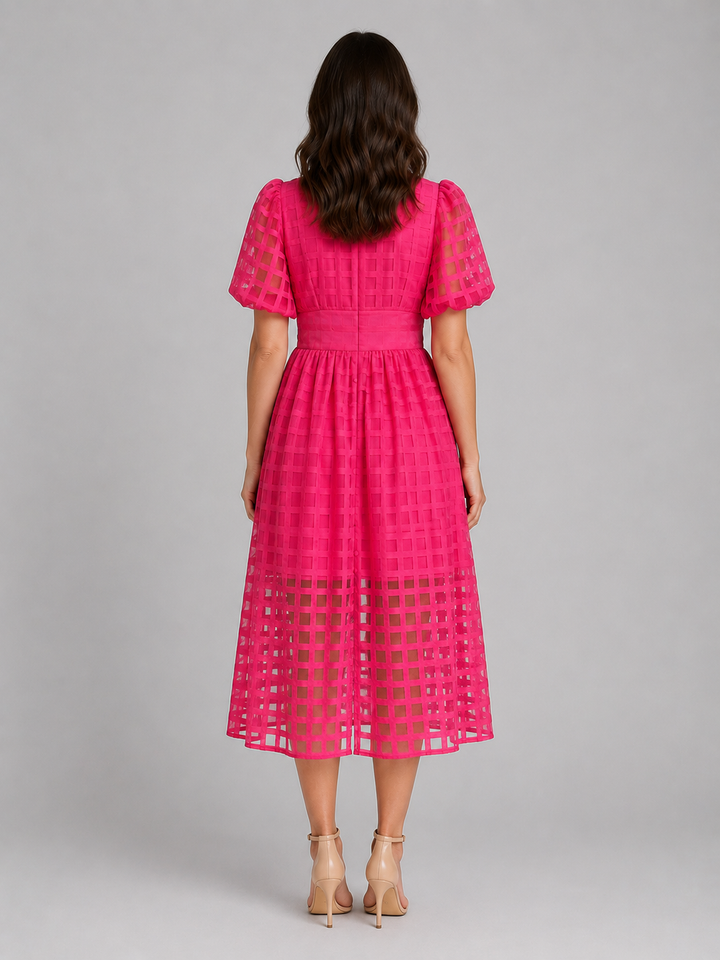 Women's Lattice Detail Puff Sleeve Midi Dress – Summer Occasion Style