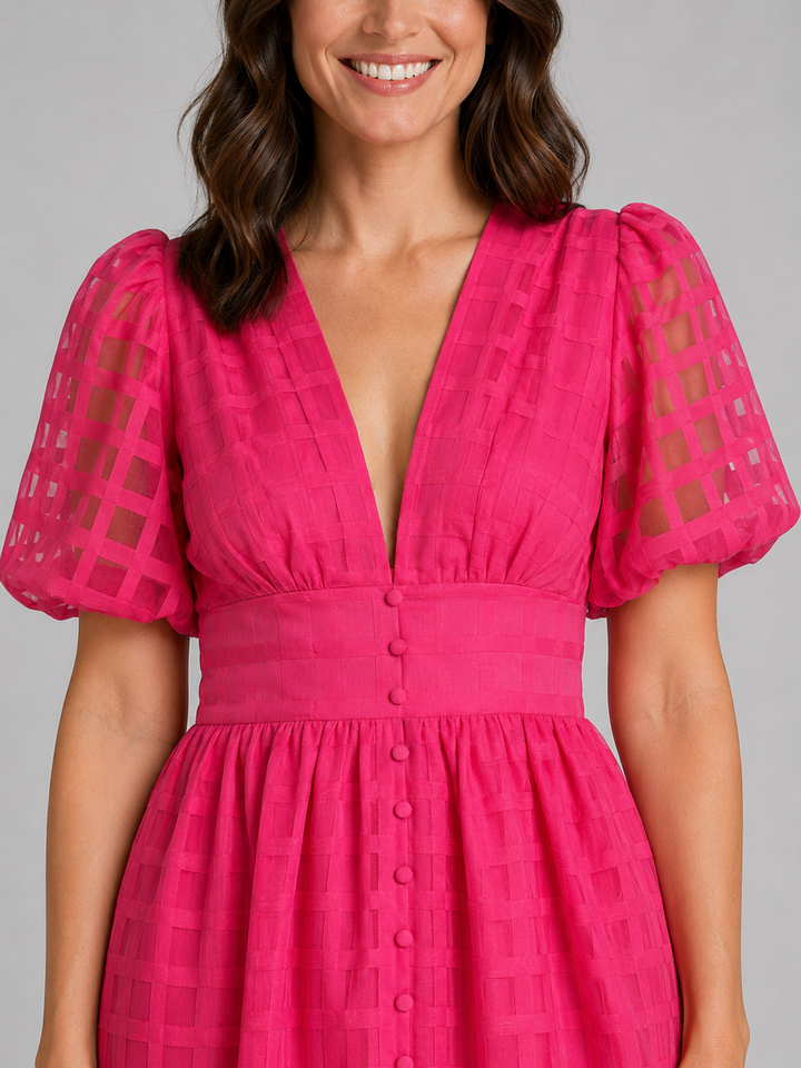 Women's Lattice Detail Puff Sleeve Midi Dress – Summer Occasion Style