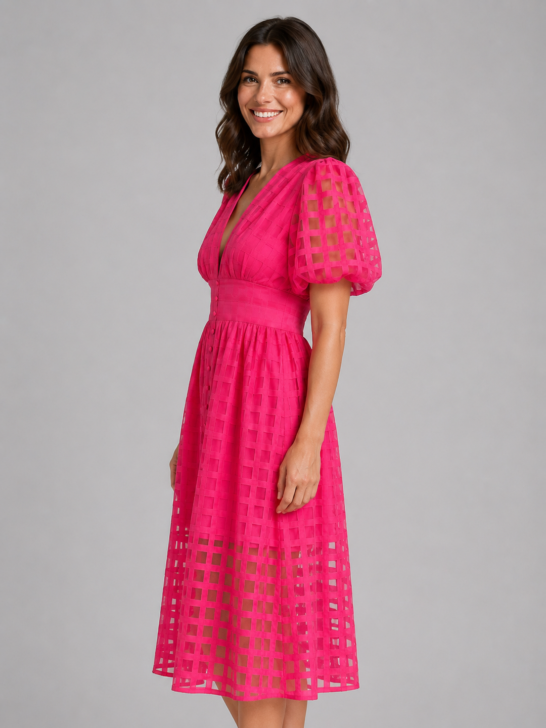 Women's Lattice Detail Puff Sleeve Midi Dress – Summer Occasion Style