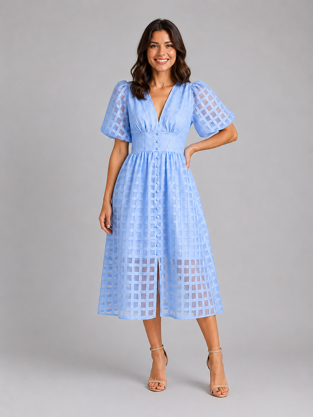 Women's Lattice Detail Puff Sleeve Midi Dress – Summer Occasion Style