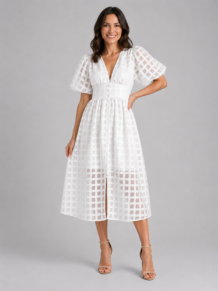 Women's Lattice Detail Puff Sleeve Midi Dress – Summer Occasion Style