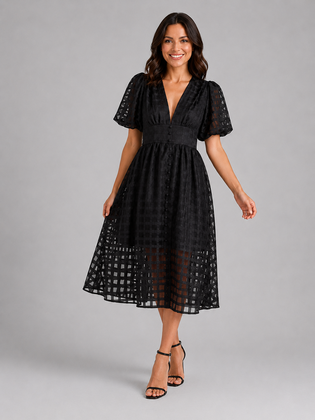 Women's Lattice Detail Puff Sleeve Midi Dress – Summer Occasion Style
