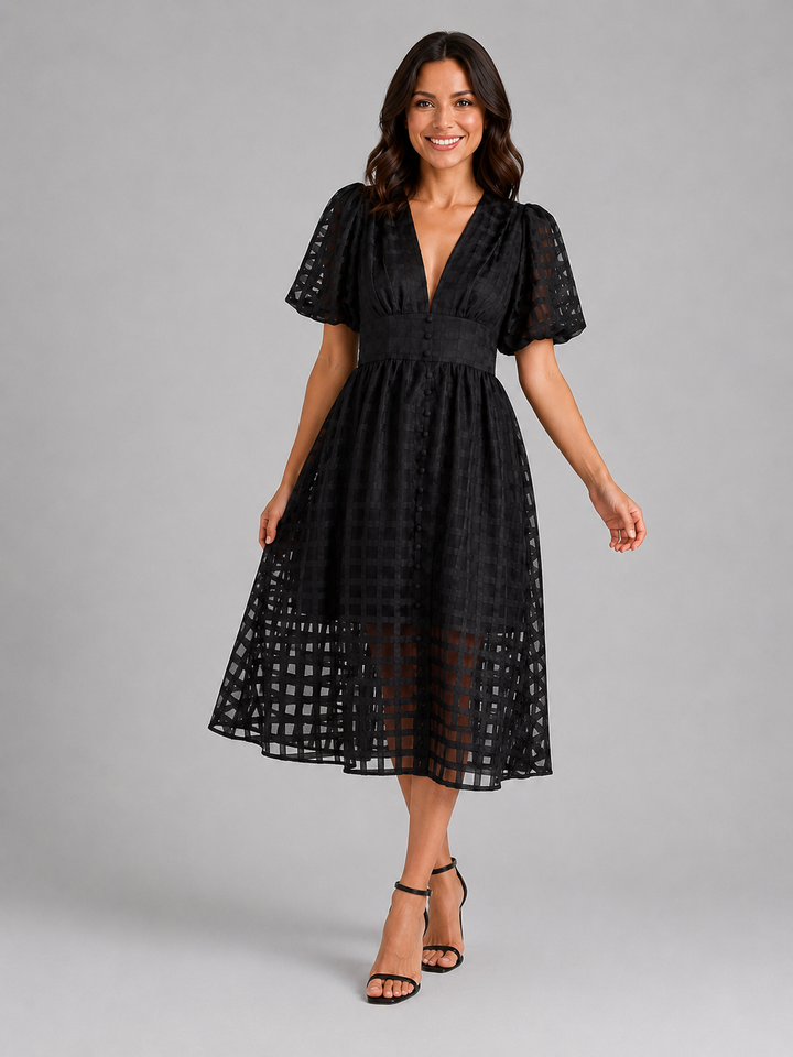 Women's Lattice Detail Puff Sleeve Midi Dress – Summer Occasion Style