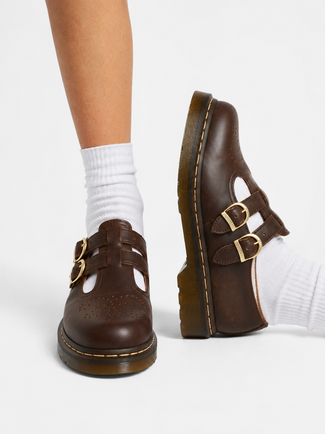 Women’s Leather Mary Jane Shoes – Double Buckle Chunky Sole Flats