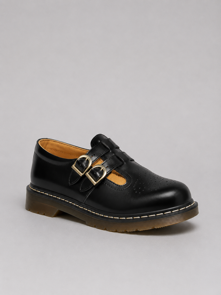 Women’s Leather Mary Jane Shoes – Double Buckle Chunky Sole Flats