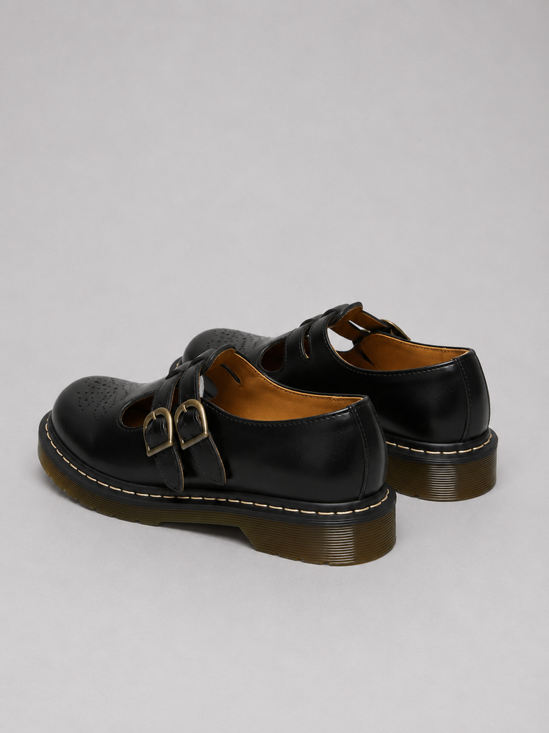 Women’s Leather Mary Jane Shoes - Double Buckle Chunky Sole Flats