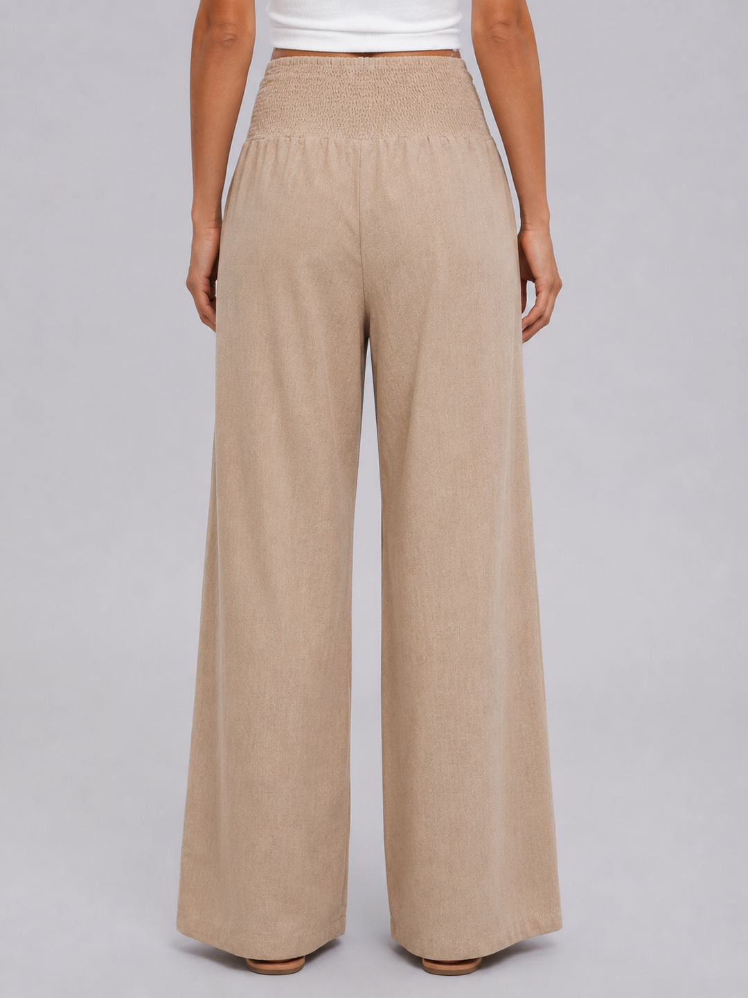 Women’s Linen Look Wide Leg Trousers – Smocked High Waist Summer Style