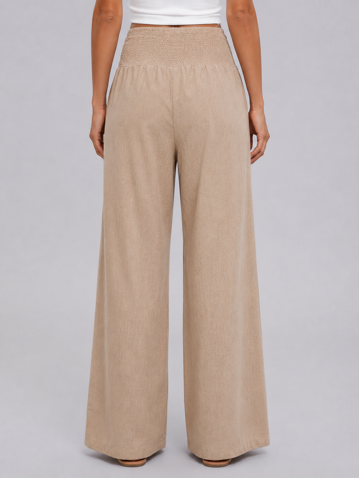 Women’s Linen Look Wide Leg Trousers – Smocked High Waist Summer Style