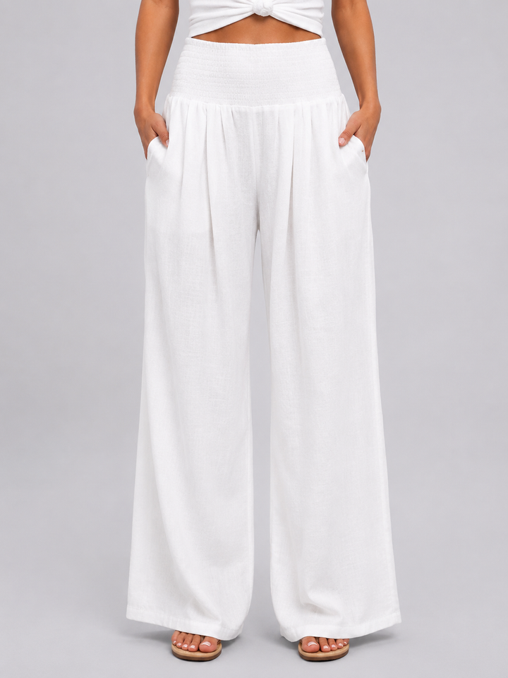 Women’s Linen Look Wide Leg Trousers – Smocked High Waist Summer Style