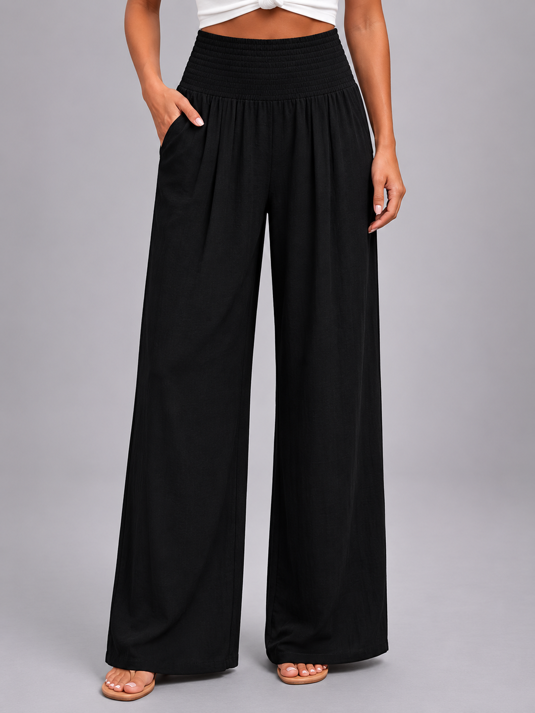 Women’s Linen Look Wide Leg Trousers – Smocked High Waist Summer Style