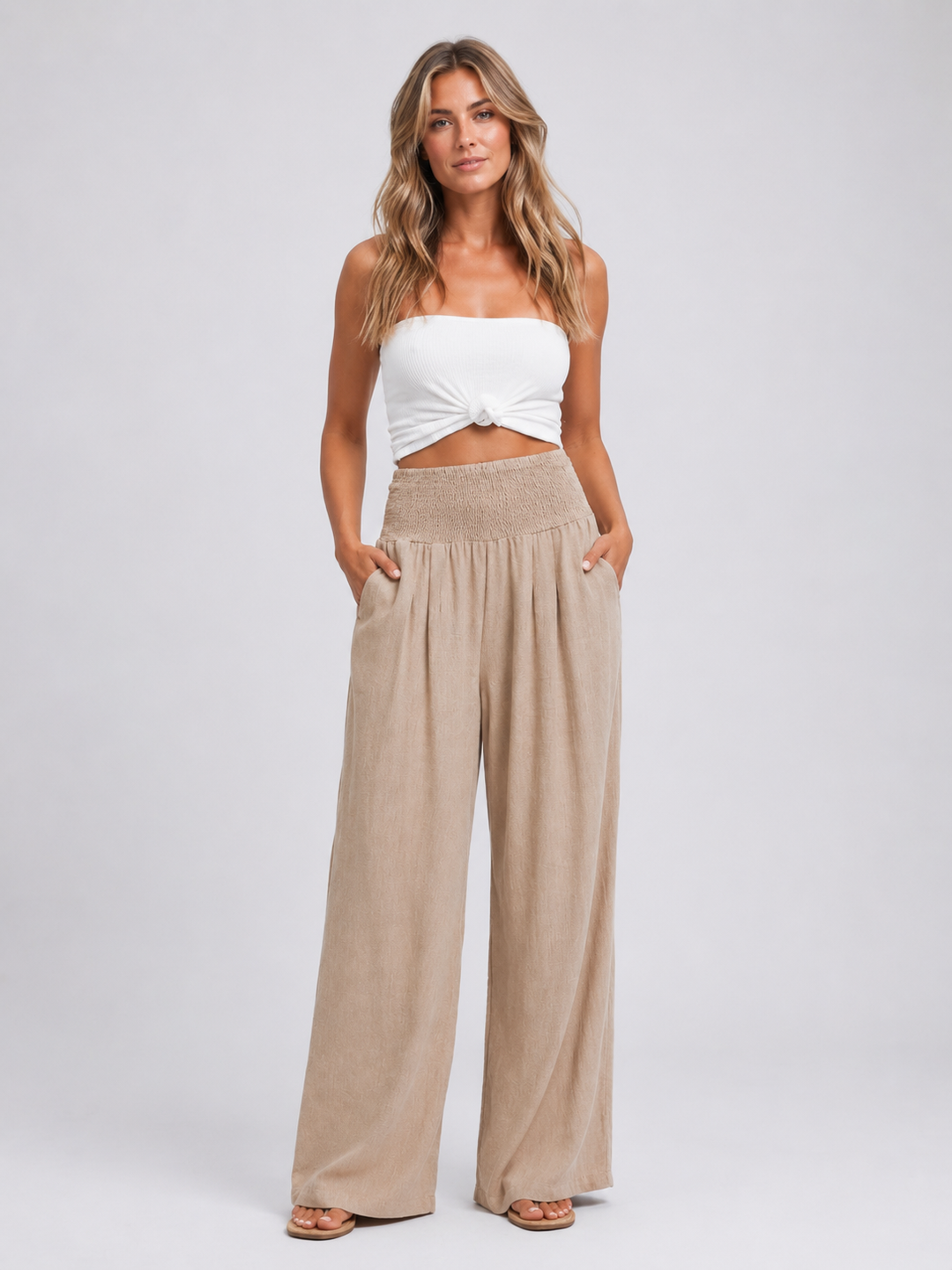 Women’s Linen Look Wide Leg Trousers – Smocked High Waist Summer Style