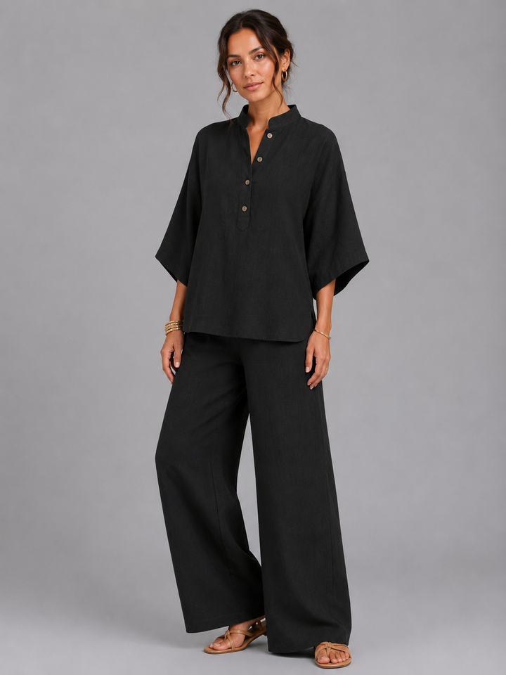 Women’s Linen Style Two-Piece Set – Relaxed Wide-Leg Fit