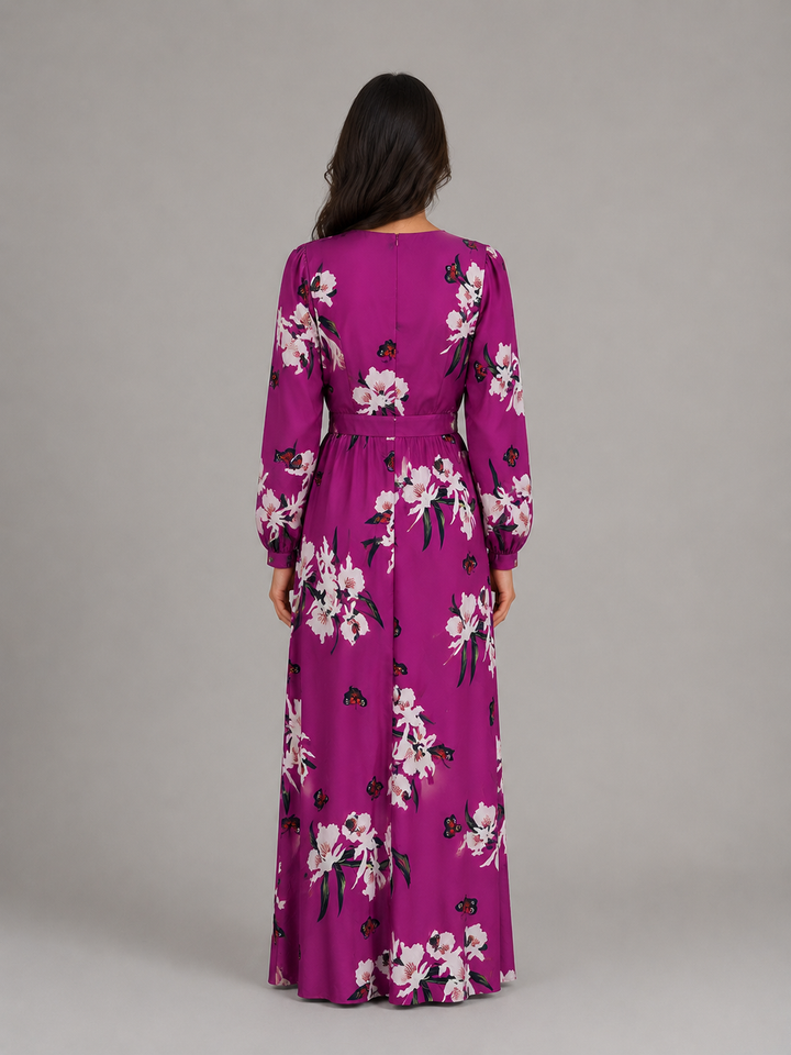 Women's Long Sleeve Floral Maxi Dress – Flattering Waist-Tie