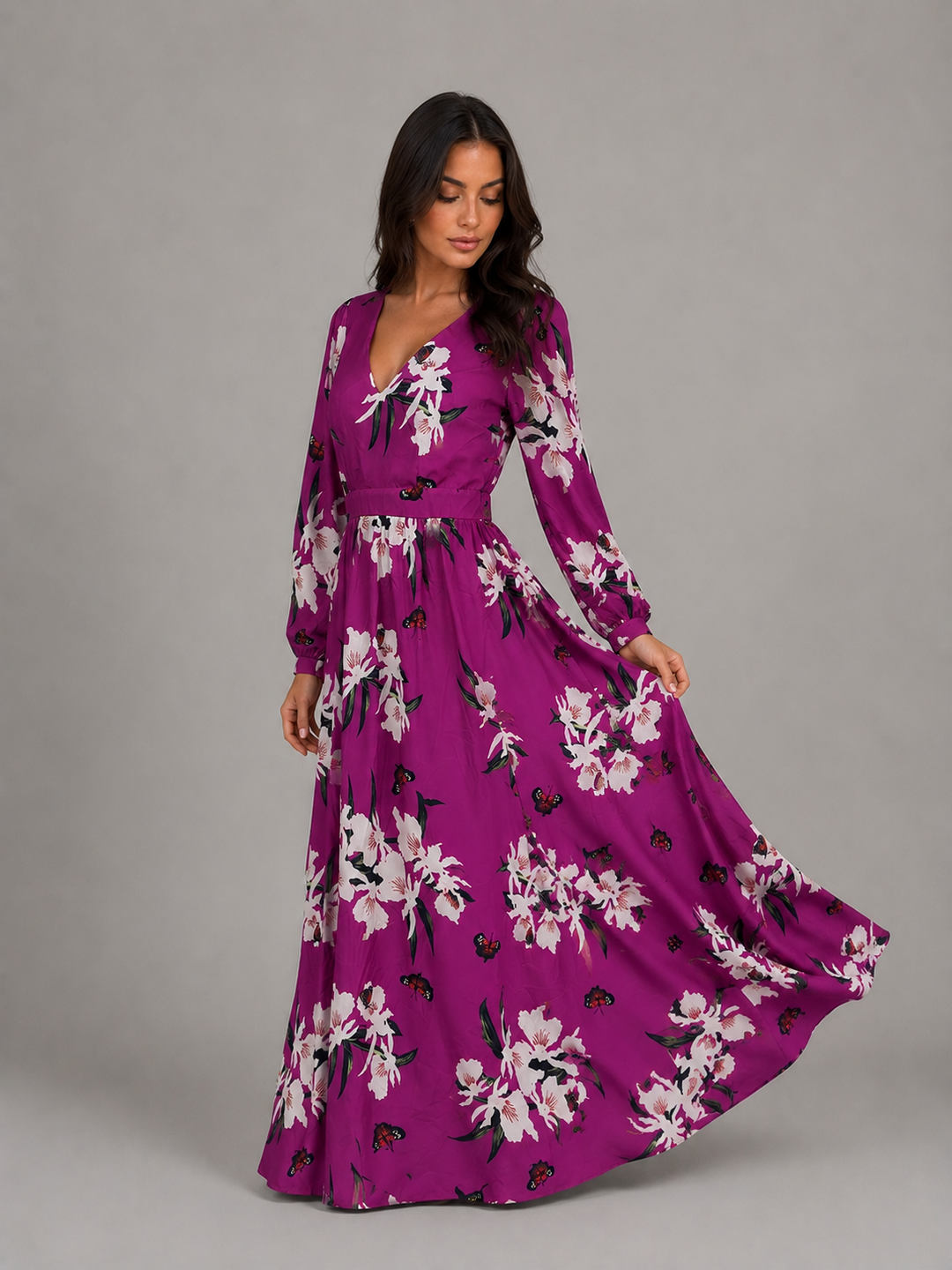 Women's Long Sleeve Floral Maxi Dress – Flattering Waist-Tie