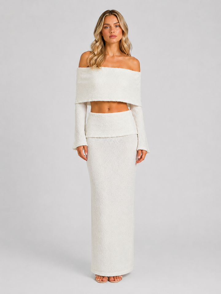 Women's Off-Shoulder Co-Ord Set – Elegant Maxi Skirt Two-Piece