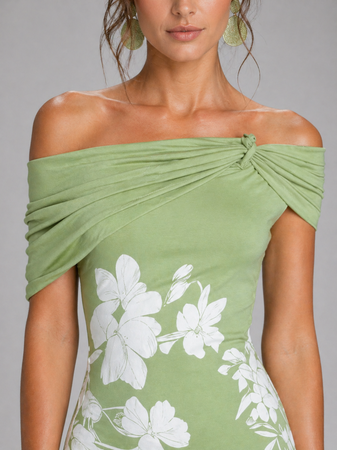 Women’s Off-Shoulder Floral Midi Dress – Draped Elegant Fit