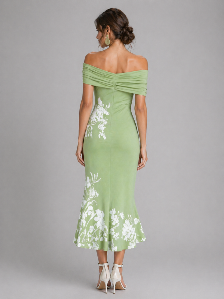 Women’s Off-Shoulder Floral Midi Dress – Draped Elegant Fit
