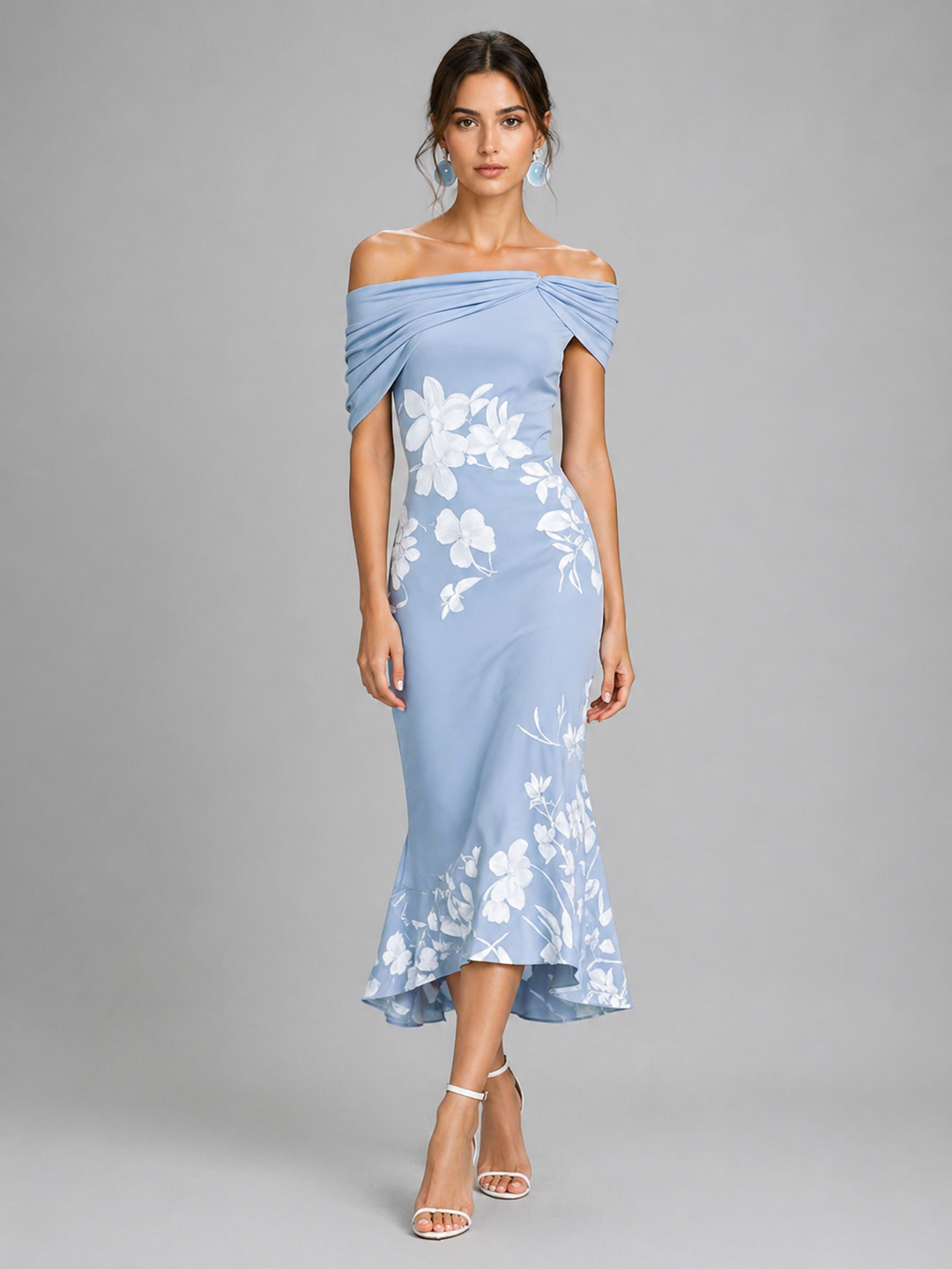 Women’s Off-Shoulder Floral Midi Dress – Draped Elegant Fit