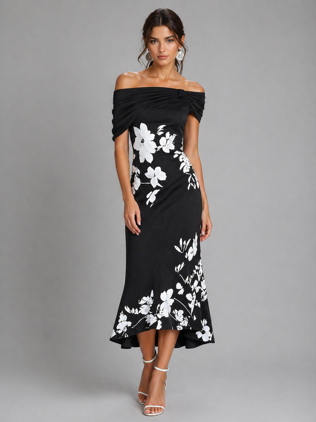 Women’s Off-Shoulder Floral Midi Dress – Draped Elegant Fit
