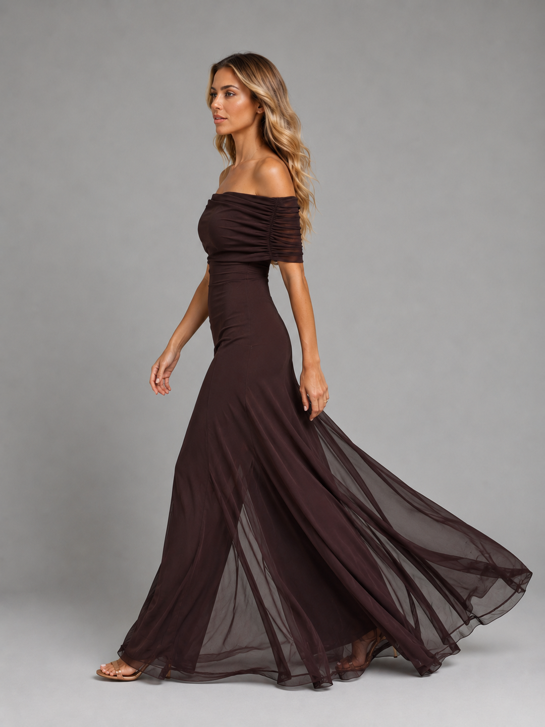 Women’s Off-Shoulder Flowy Maxi Dress – Chiffon Evening Style