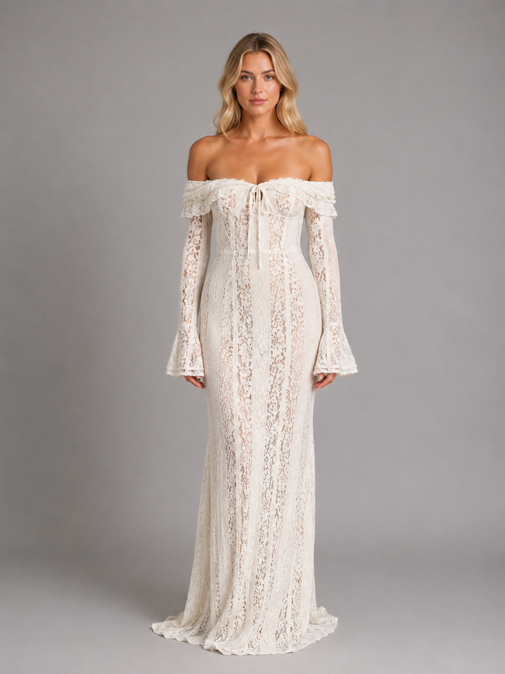 Women’s Off-Shoulder Lace Cutout Maxi Dress - Wedding Guest Style