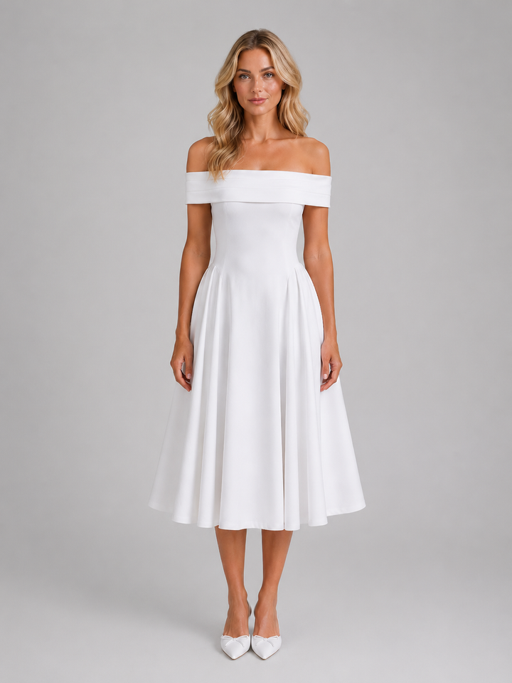 Women's Off-Shoulder Pleated Midi Dress - Wedding Guest Occasion