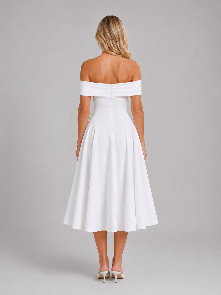 Women's Off-Shoulder Pleated Midi Dress – Wedding Guest Occasion