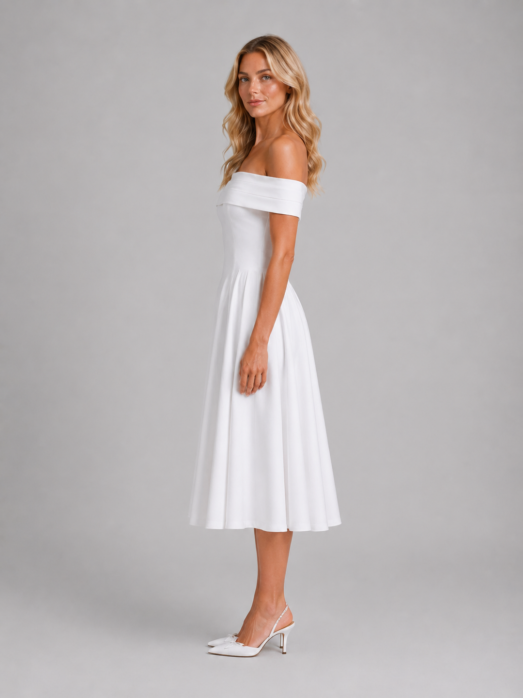 Women's Off-Shoulder Pleated Midi Dress – Wedding Guest Occasion