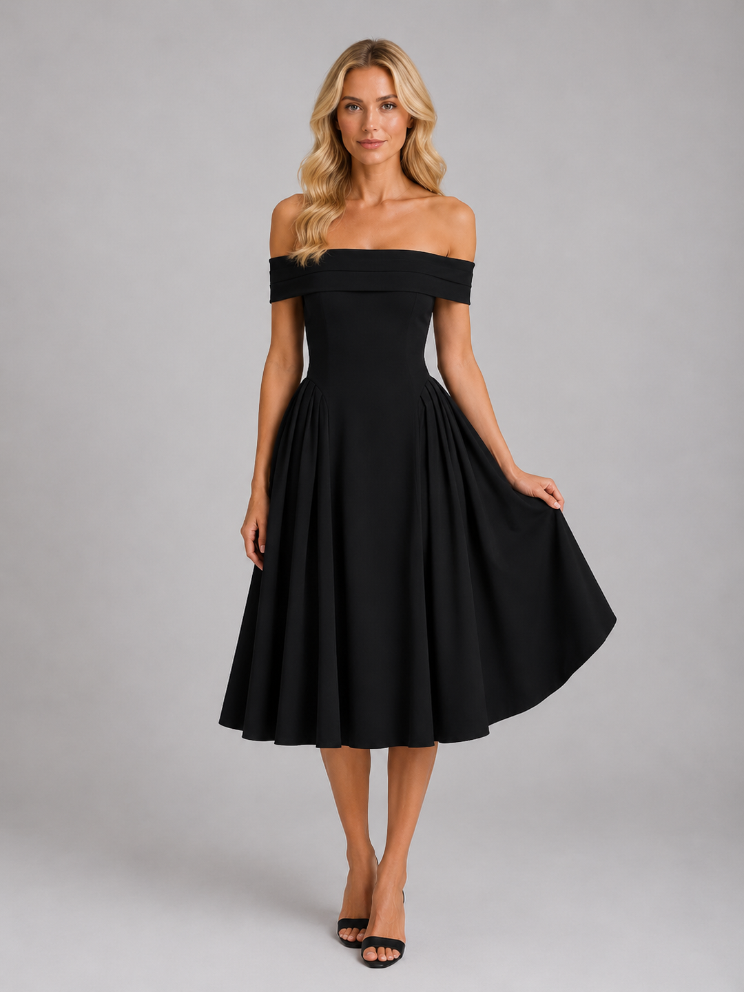 Women's Off-Shoulder Pleated Midi Dress – Wedding Guest Occasion