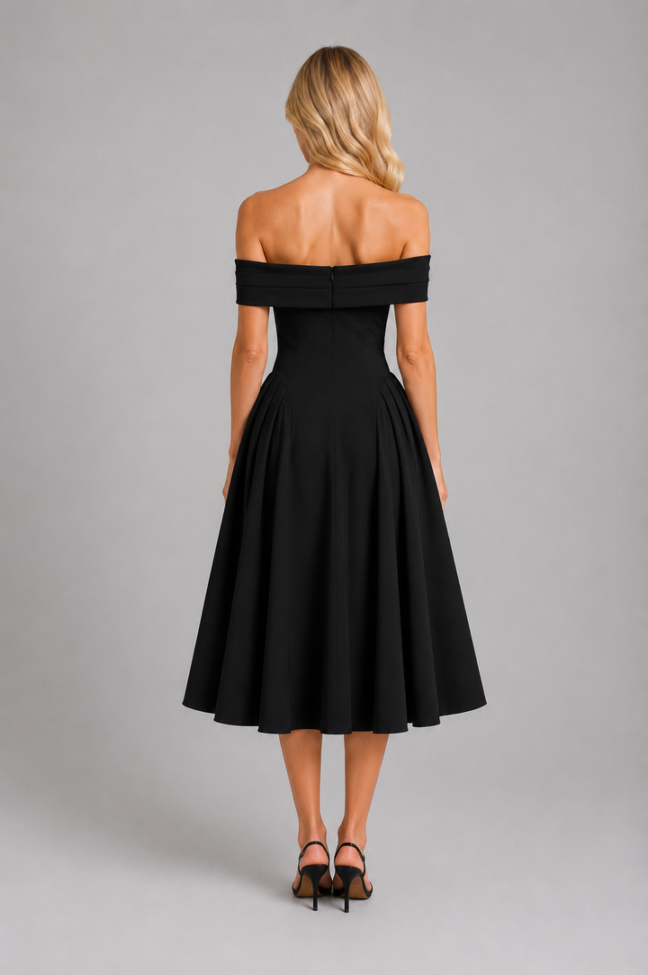 Women's Off-Shoulder Pleated Midi Dress – Wedding Guest Occasion