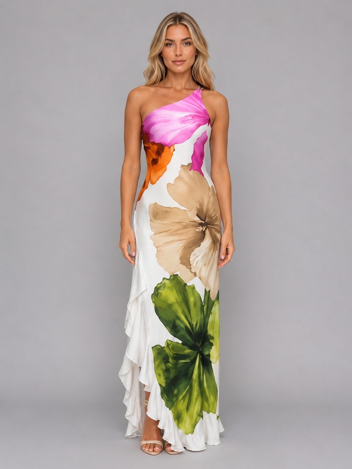 Women’s One-Shoulder Floral Maxi Dress – Ruffle Hem Summer Style