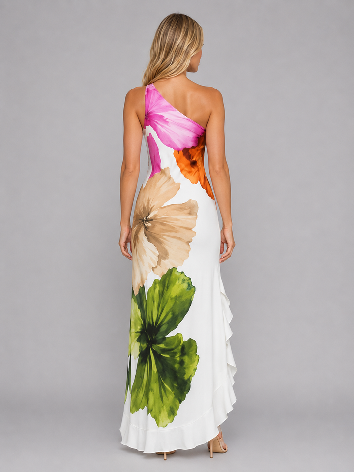 Women’s One-Shoulder Floral Maxi Dress – Ruffle Hem Summer Style