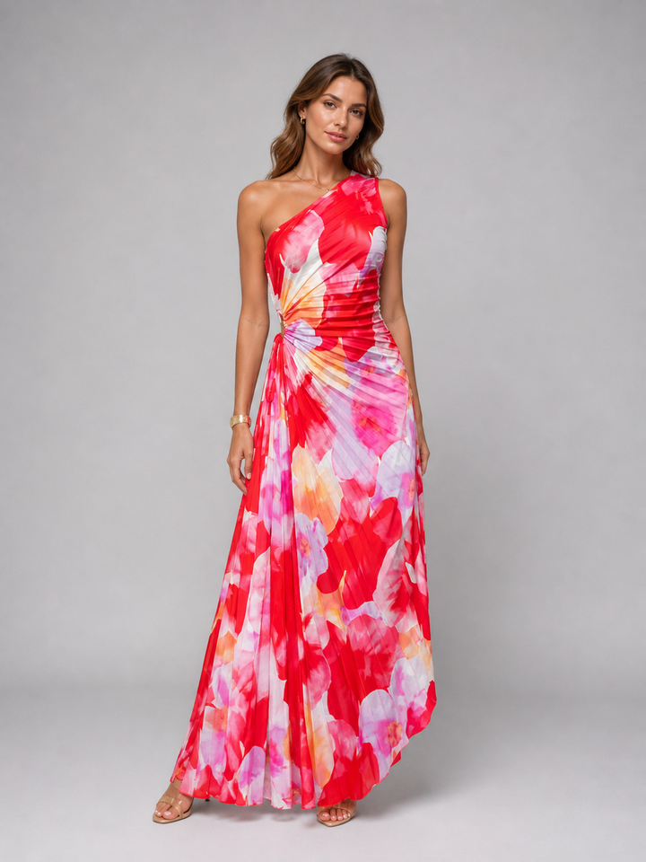 Women’s One-Shoulder Pleated Maxi Dress – Floral Statement Elegance