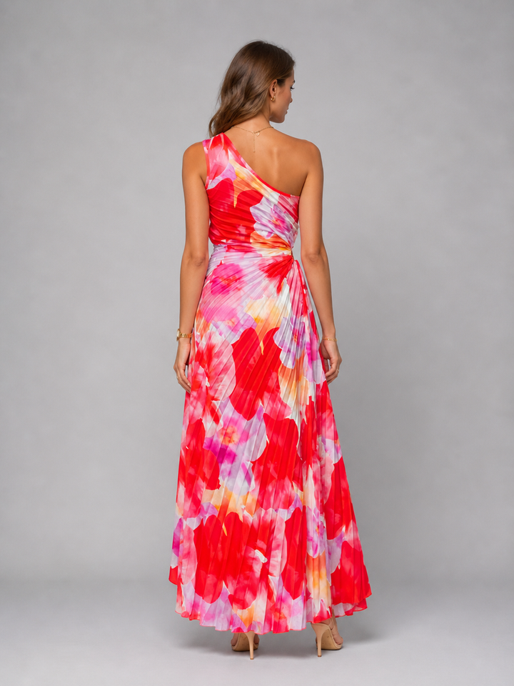 Women’s One-Shoulder Pleated Maxi Dress – Floral Statement Elegance