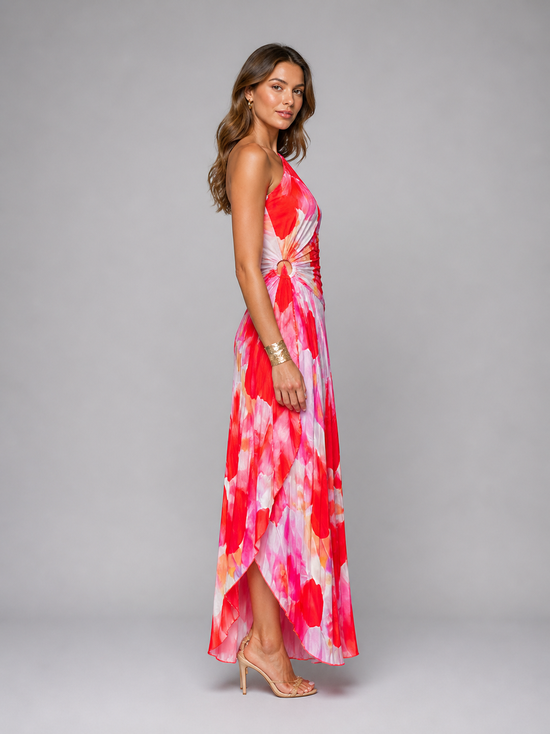 Women’s One-Shoulder Pleated Maxi Dress – Floral Statement Elegance
