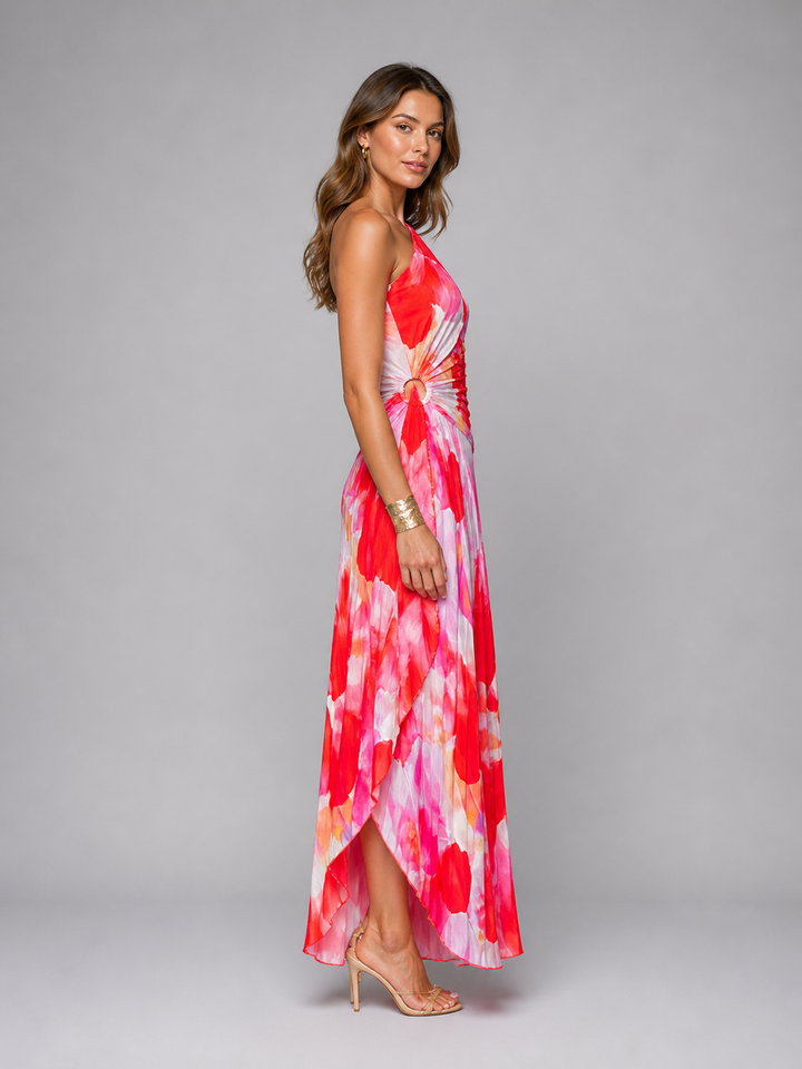 Women’s One-Shoulder Pleated Maxi Dress – Floral Statement Elegance